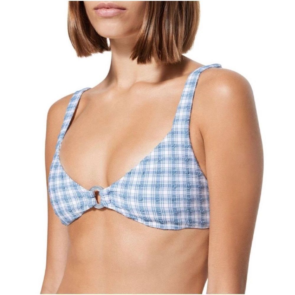 Johnathan Simkhai S Blue Plaid Adriatic Seersucker Bikini Top